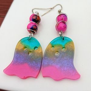 Colorful Rainbow Ghost Earrings Handmade Resin Lightweight Halloween